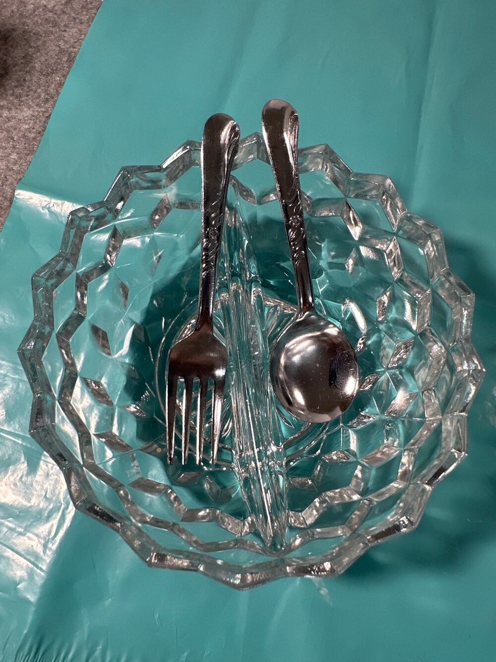 Fostoria American pattern crystal divided dish for relishes, jams, or condiments